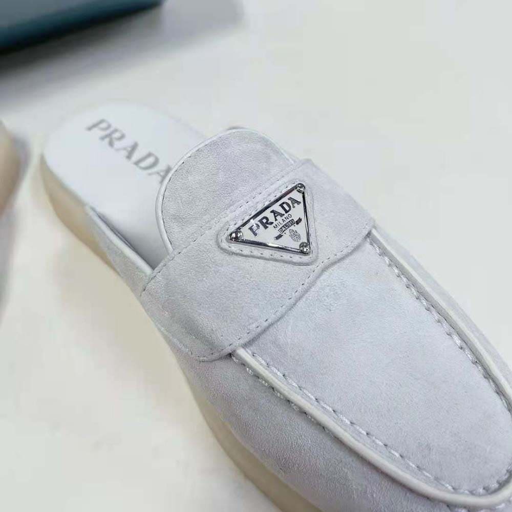 GIÀY Prada Unisex Suede Leather Sabots with Enameled Metal Triangle Logo-White