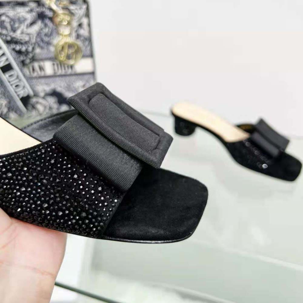 GUỐC Dior Women Idylle Heeled Slide Black Suede Covered with Strass and Grosgrain