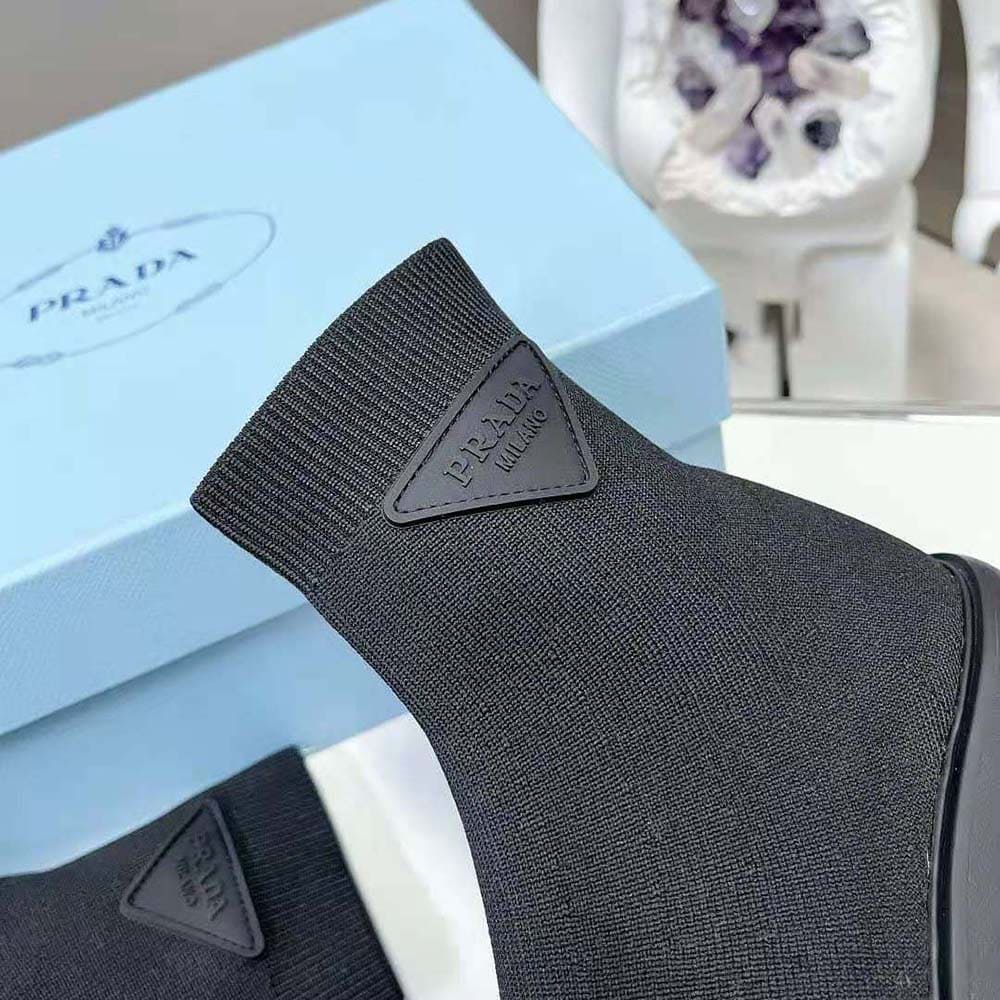 GIÀY Prada Women Monolith Knit Booties with Embossed Rubber Triangle Logo