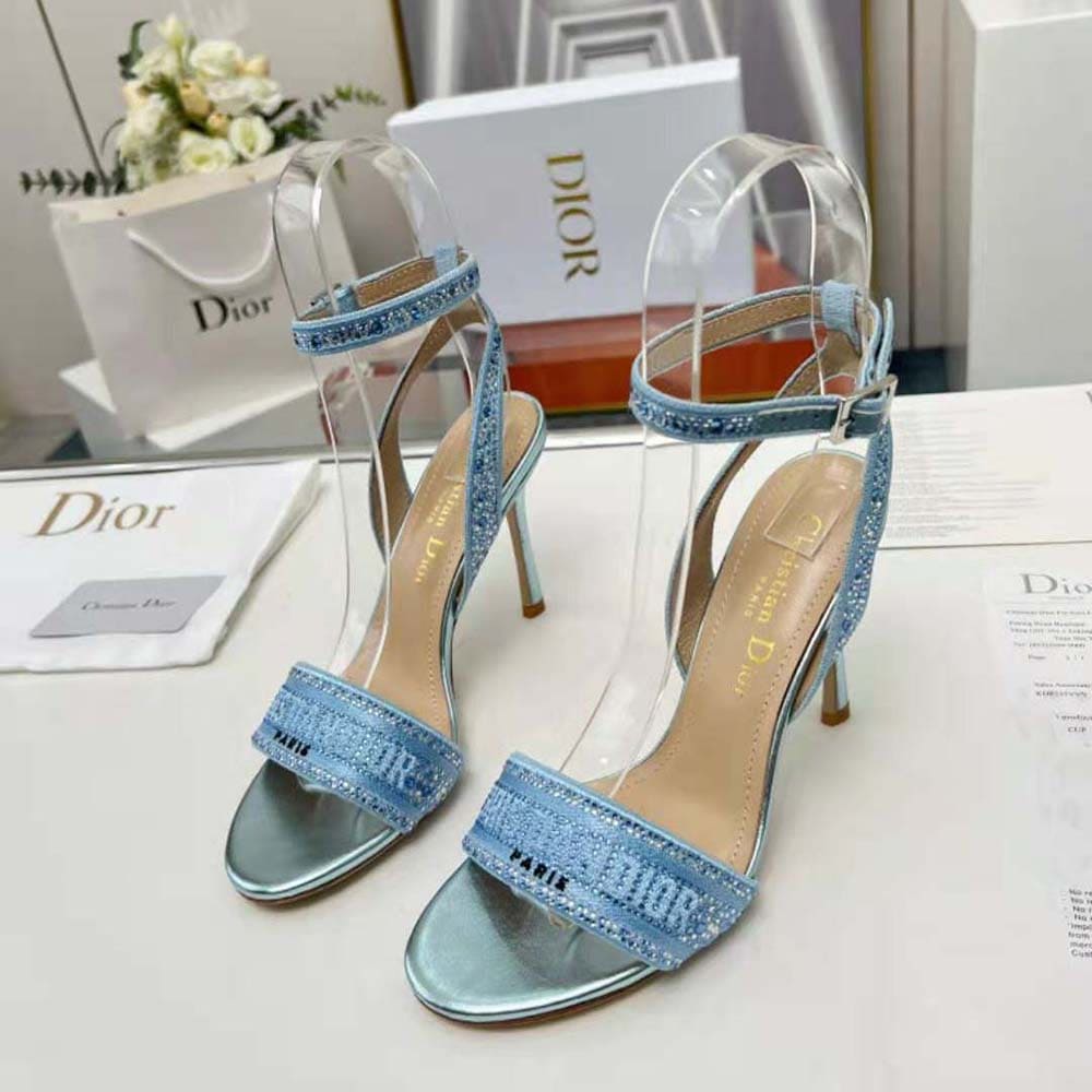 GIÀY Dior Women Dway Heeled Slide Blue Cotton Embroidered with Metallic Thread and Strass