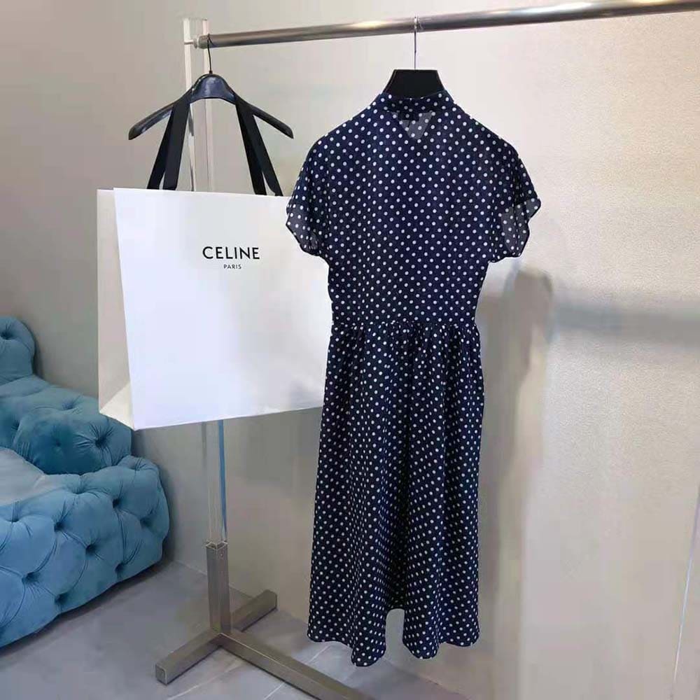Váy Celine Women Lavalliere Dress in Crepe DE Chine-Navy