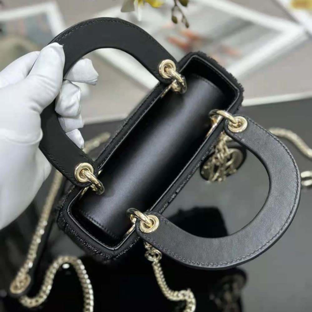 TÚI Dior Women Mini Lady D-joy Bag Black Cannage Cotton with Micropearl Embroidery