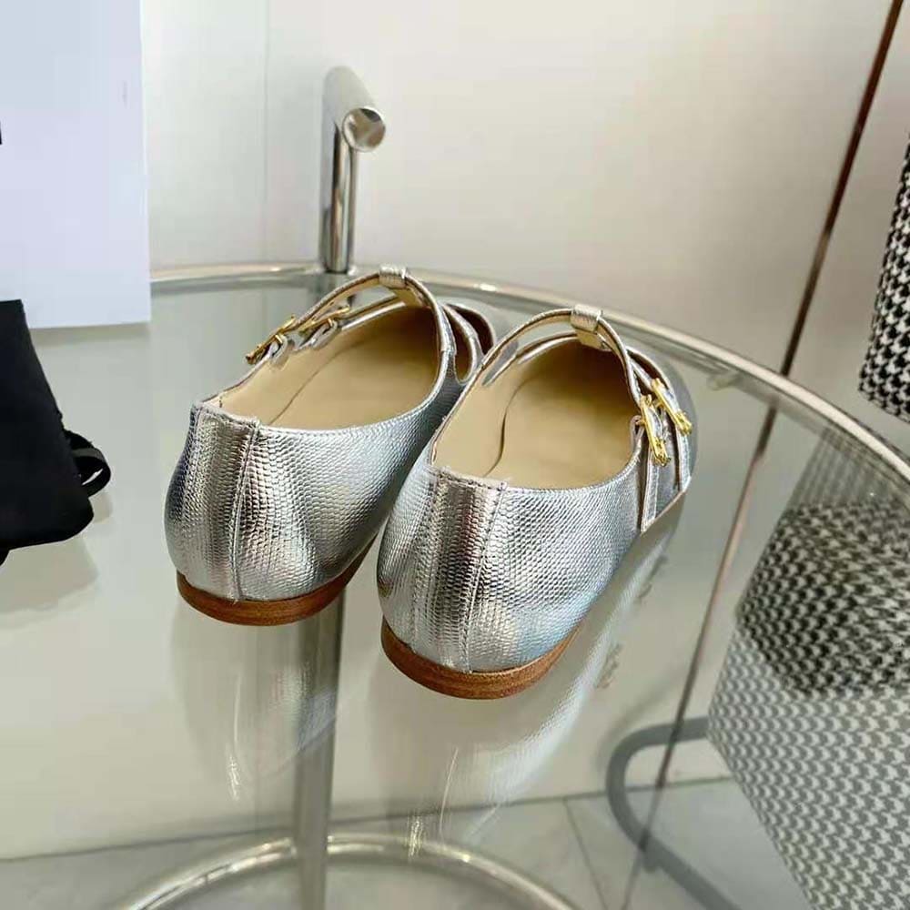 GIÀY Celine Double Strap Mary Jane in Lizard Stamped Metalized Calfskin