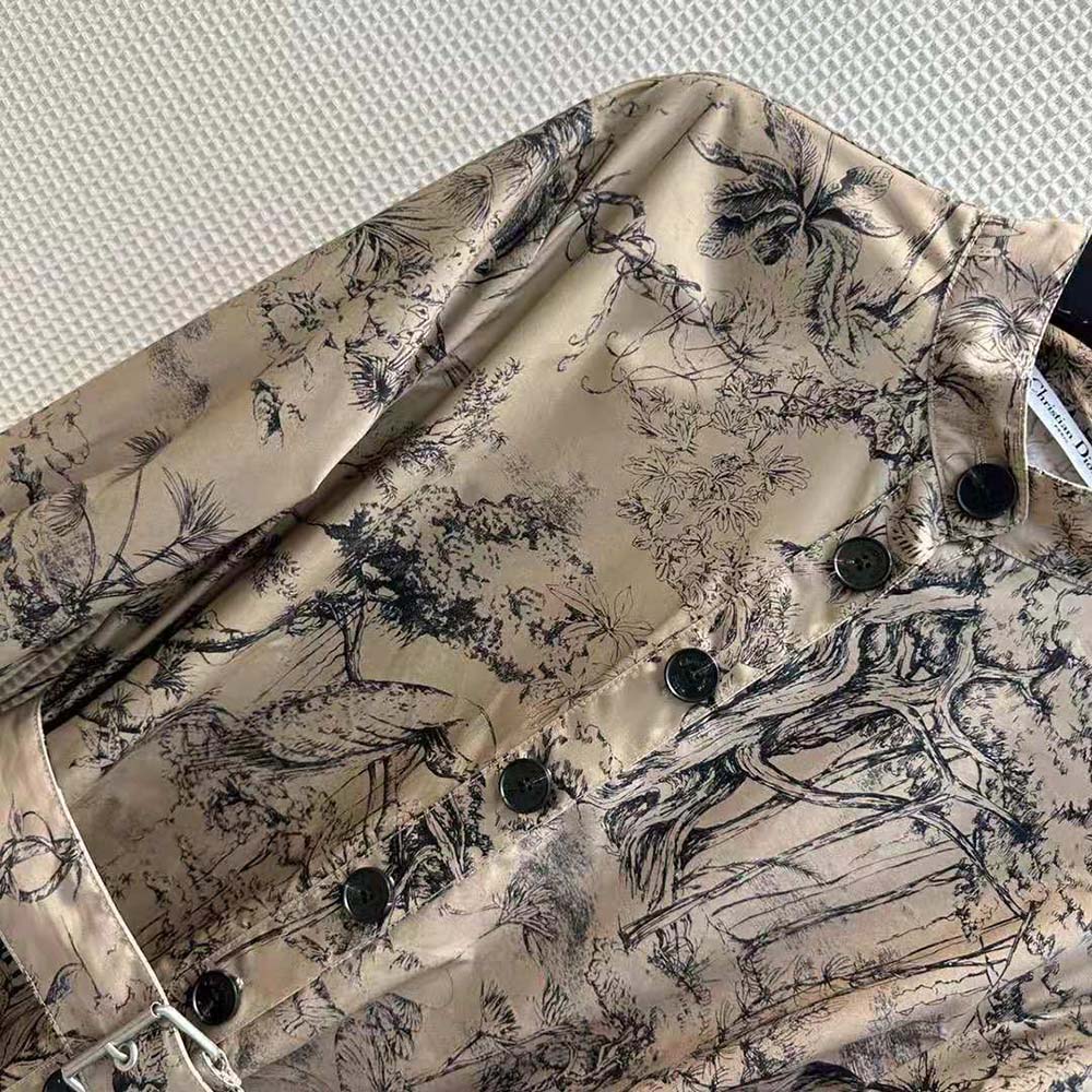 VÁY Dior Women Belted Shirt Dress Beige Cotton Gabardine with Toile de Jouy Voyage Motif