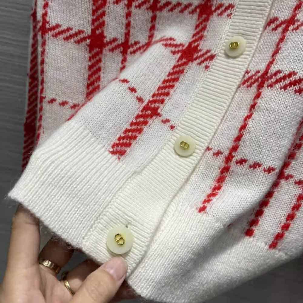 ÁO DIOR Women Buttoned Cardigan Raspberry and Ecru Check’n’Dior Pop Technical Wool