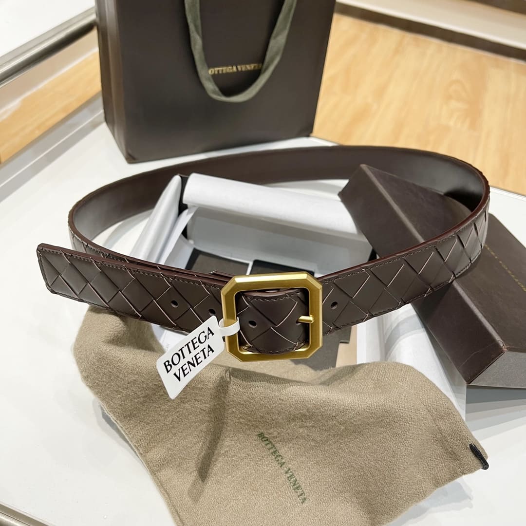 DÂY LƯNG BOTTGA VENETA BROWN INTRECCIATO LEATHER Khóa vàng