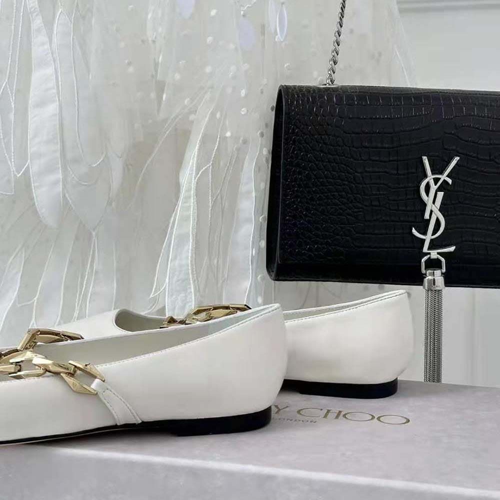 GIÀY Jimmy Choo Women Diamond Tilda Flat Black Nappa Leather Flats with Chain-White