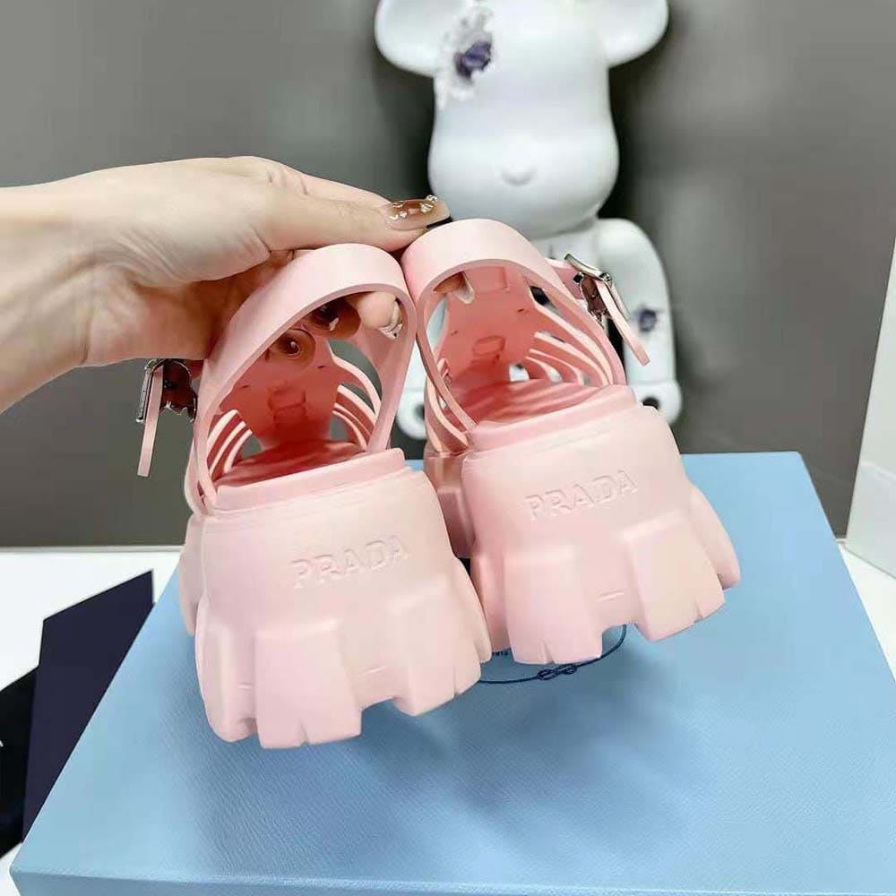 DÉP SANDALS Prada Women Foam Rubber Sandals with Enameled Metal Triangle Logo-Pink