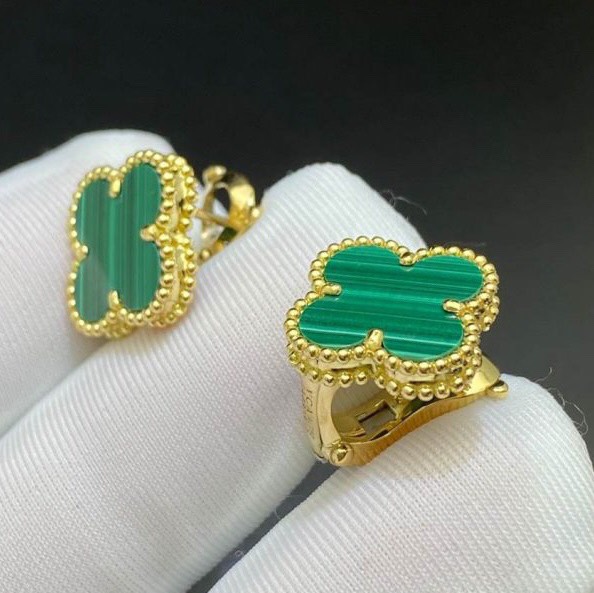 KHUYÊN TAI VAN CLEEF & ARPELS ALHAMBRA EARRINGS MALACHITE 15MM GOLD 18K YELLOW GOLD