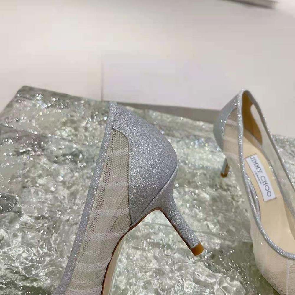 GIÀY Jimmy Choo Women Love 65 Metallic Silver Glitter Fabric Pumps with Ivory Tulle Overlay