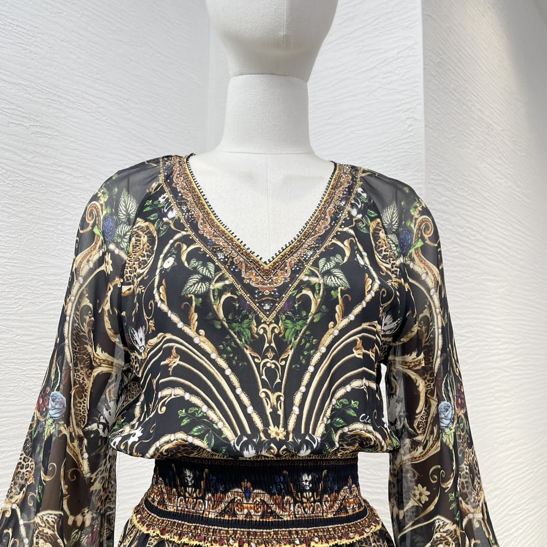 VÁY CAMILLA Original Black Floral Print Long Sleeve Midi Dress High Classy
