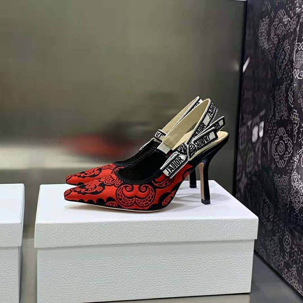 GIÀY Dior Women J’Adior Slingback Pump Black and Red Cotton with Dior Bandana Embroidery