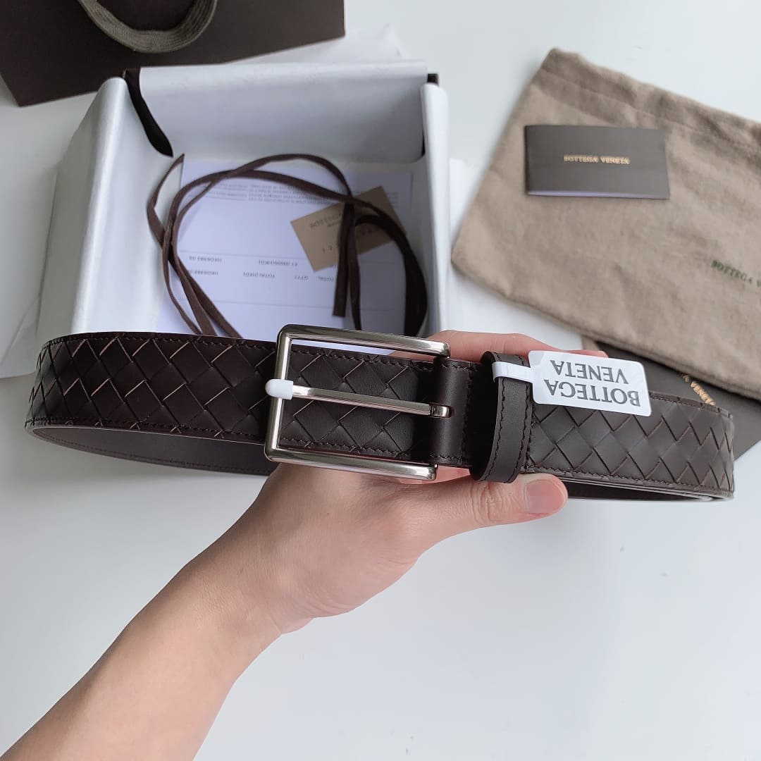 DÂY LƯNG BOTTGA VENETA BROWN INTRECCIATO LEATHER Khóa bạc
