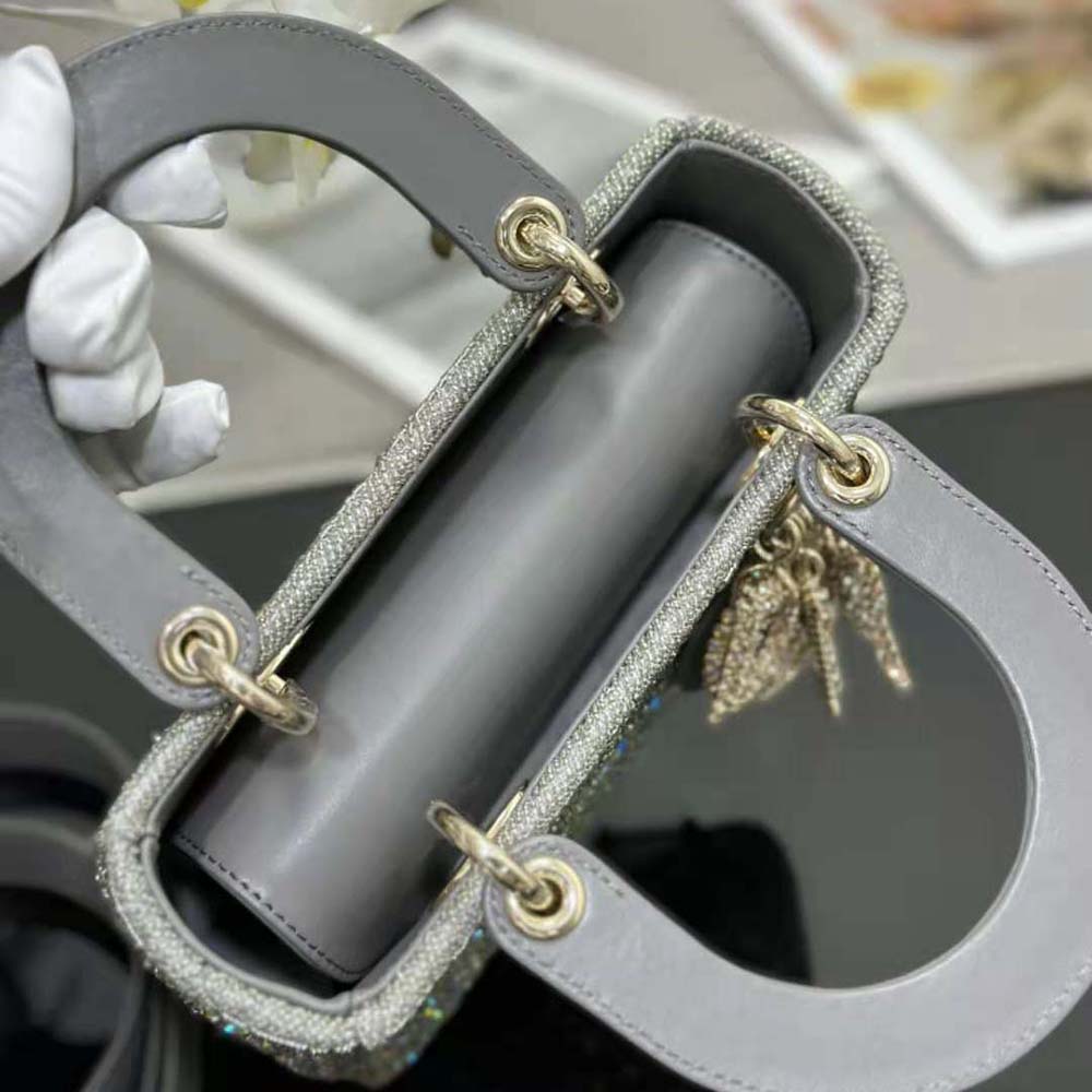 TÚI Dior Women Small Lady Dior Bag Gray Smooth Calfskin and Satin with Bead Embroidery