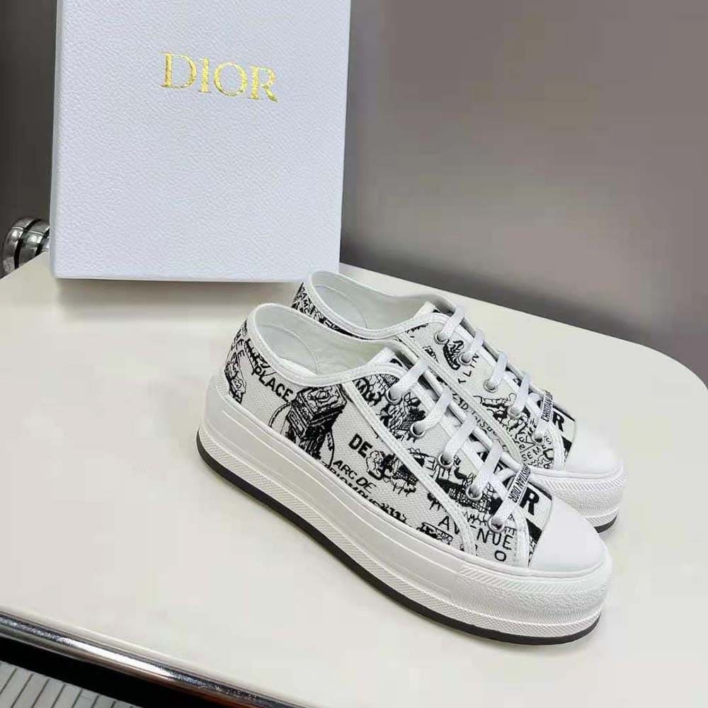 GIÀY Dior Women Walk’N’Dior Platform Sneaker White and Black Cotton Embroidered with Plan De Paris Motif