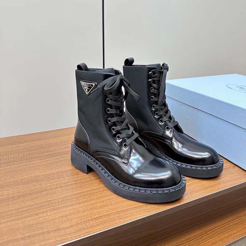 GIÀY Prada Women Brushed-Leather and Re-Nylon Boots-Black