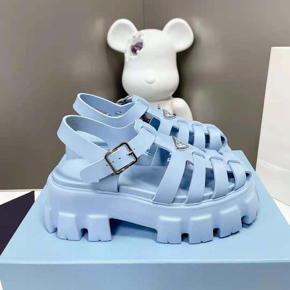 DÉP SANDALS Prada Women Foam Rubber Sandals with Enameled Metal Triangle Logo-Blue