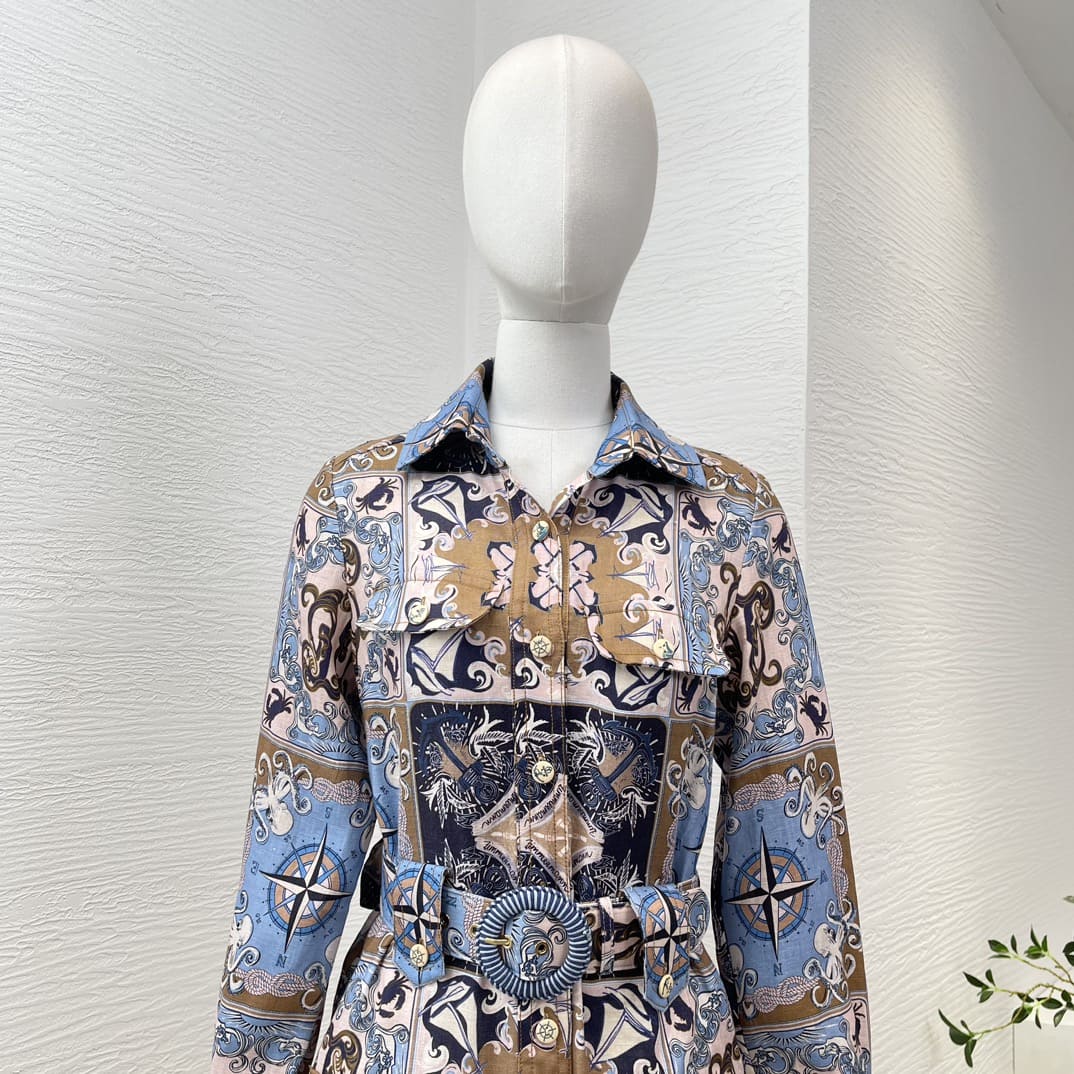 VÁY ZIMMERMANN Blue Plaid Print Turn Down Collar Long Sleeve Mini Dress High Classy