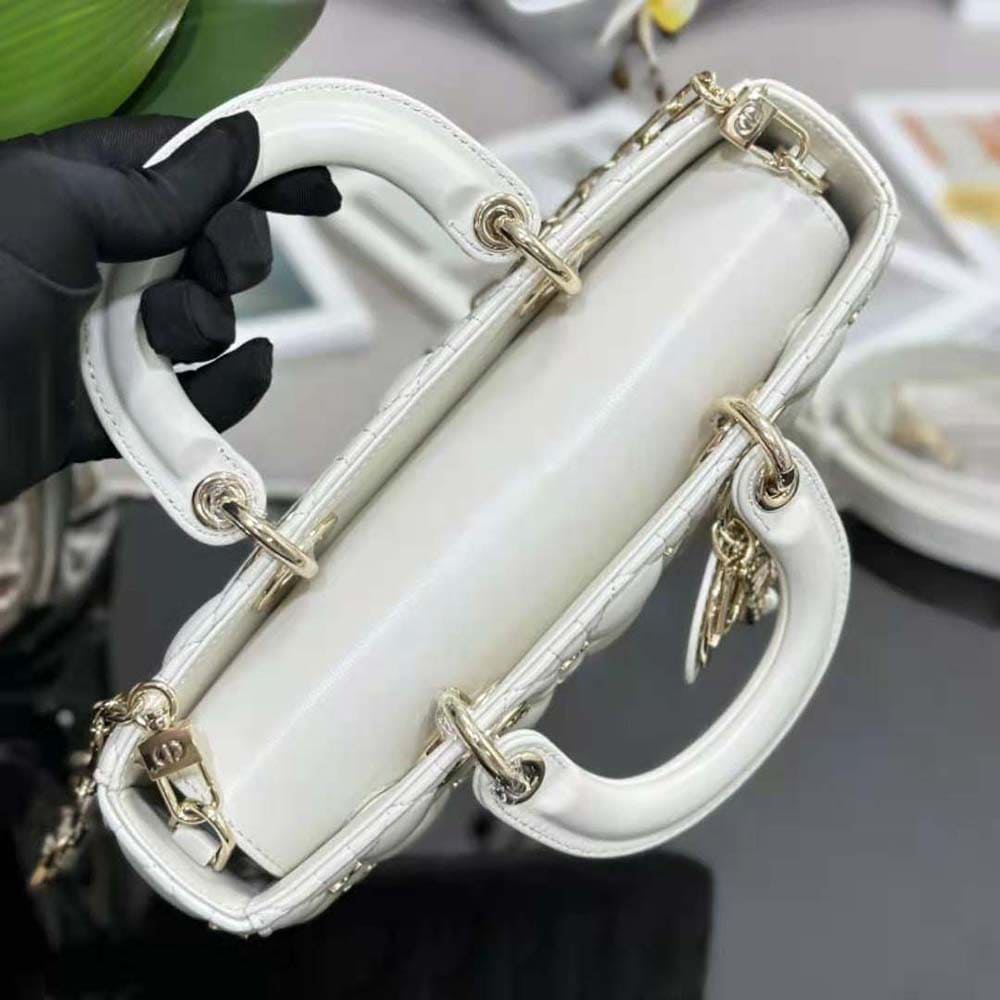 TÚI Dior Women Medium Lady D-joy Bag White Cannage Lambskin with Gold-Finish Butterfly Studs