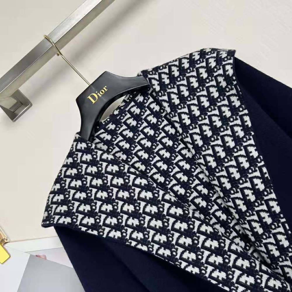 ÁO Dior Women Cropped Coat with Hood and Belt Navy Blue Double-Sided Wool