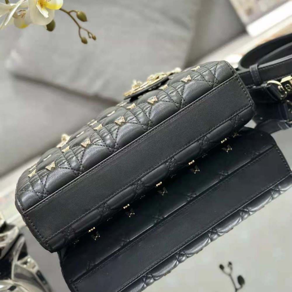 TÚI Dior Women Medium Lady D-joy Bag Black Cannage Lambskin with Gold-Finish Butterfly Studs