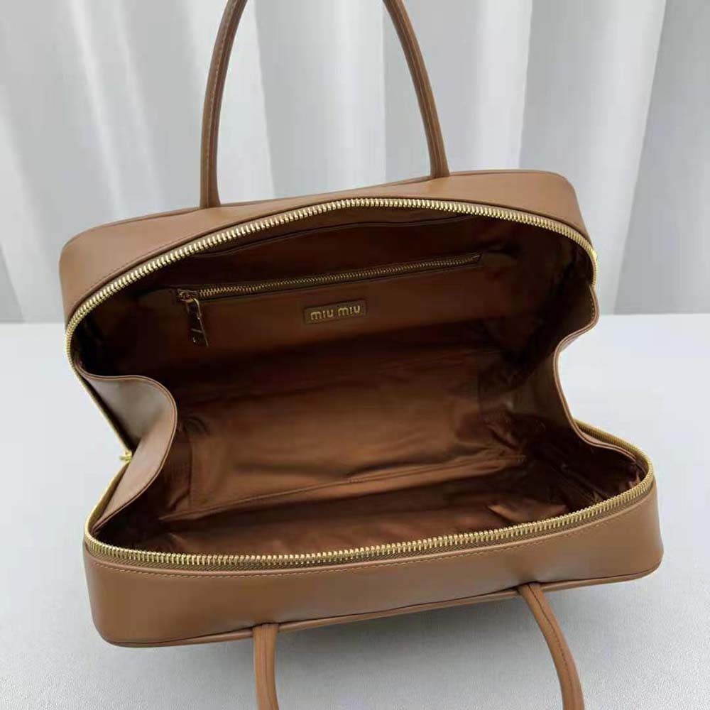 Túi Miu Miu Women Leather Top-handle Bag with Embossed Lettering Logo-Brown