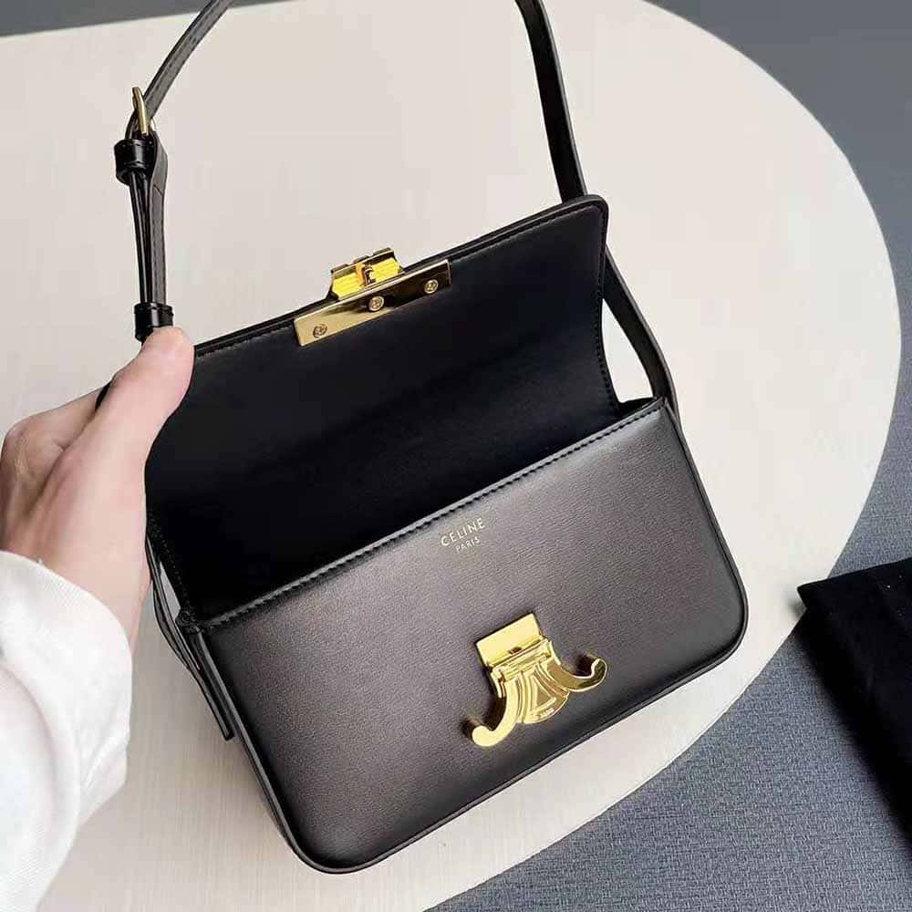 TÚI Celine Women Triomphe Shoulder Bag in Shiny Calfskin-Black