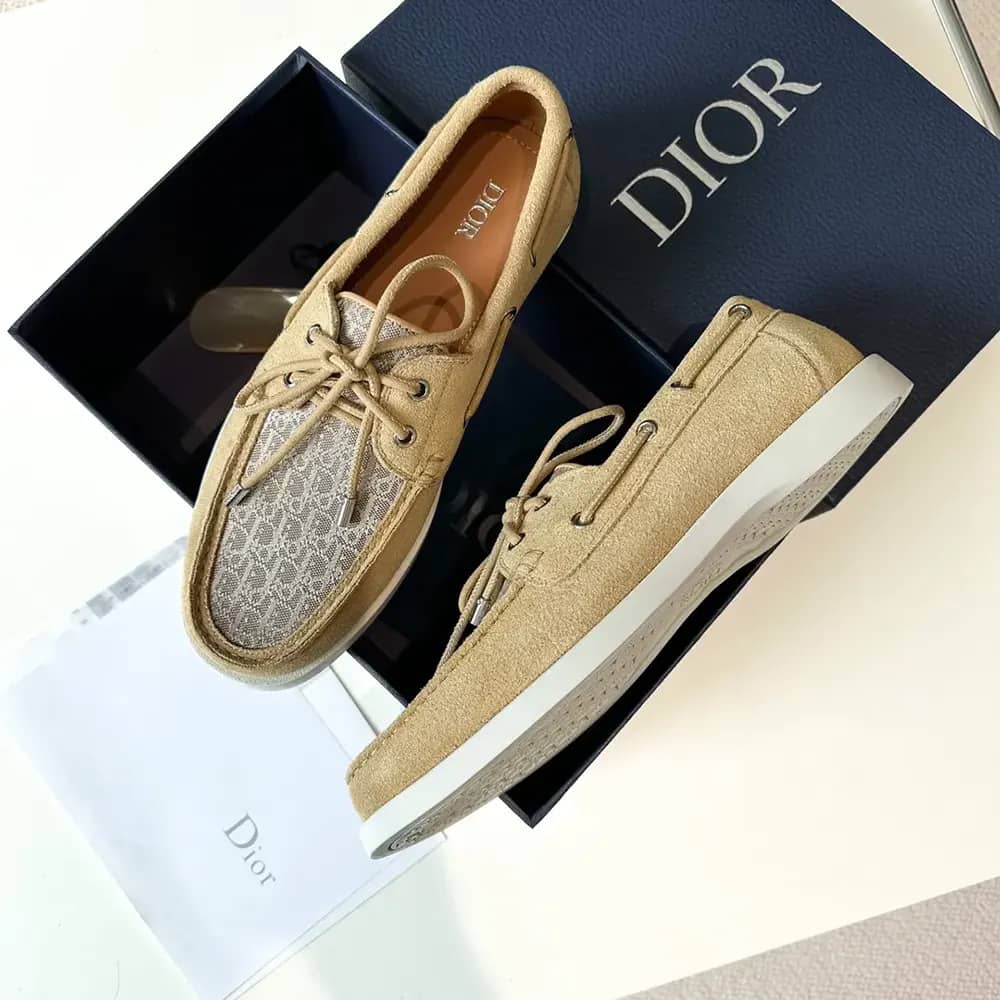 GIÀY DIOR Granville Boat Shoe Beige Suede and Beige Dior Oblique Jacquard