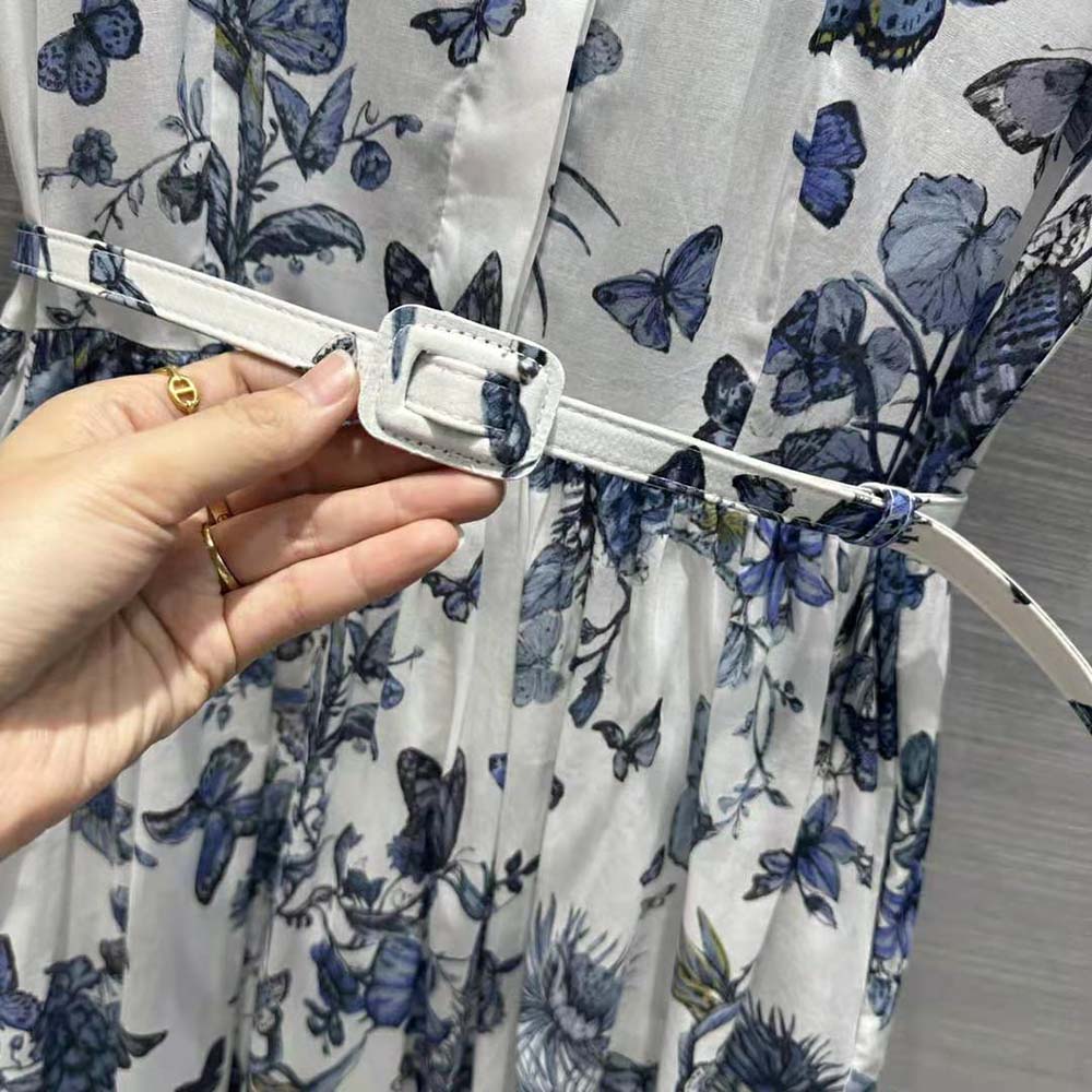 VÁY Dior Mid-length Shirt Dress White and Pastel Midnight Blue Cotton Voile
