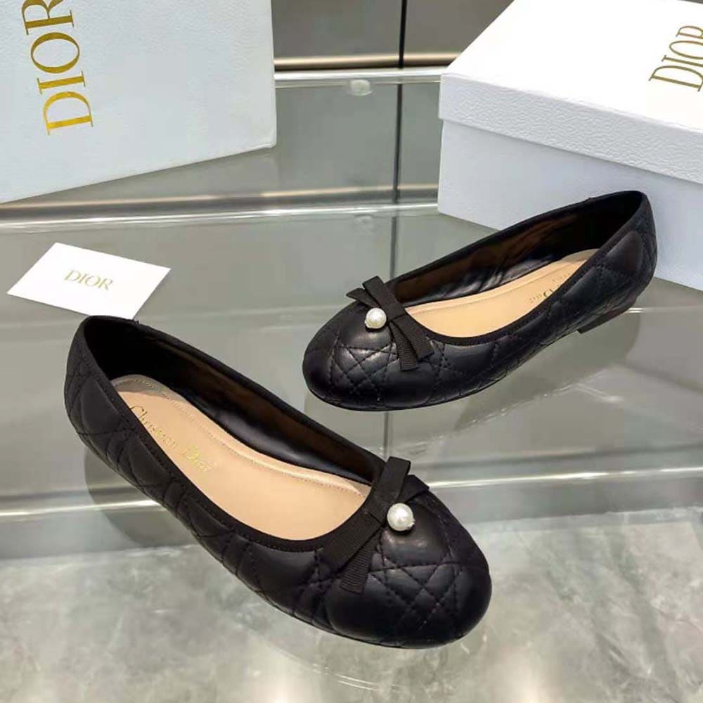 GIÀY Dior Women Ballet Flat Quilted Cannage Calfskin-Black