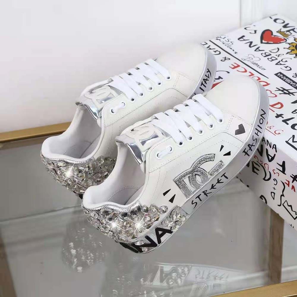 GIÀY DOLCE & GABBANA Printed Calfskin Nappa Portofino Sneakers with DG Logo and Embroidery-Silver