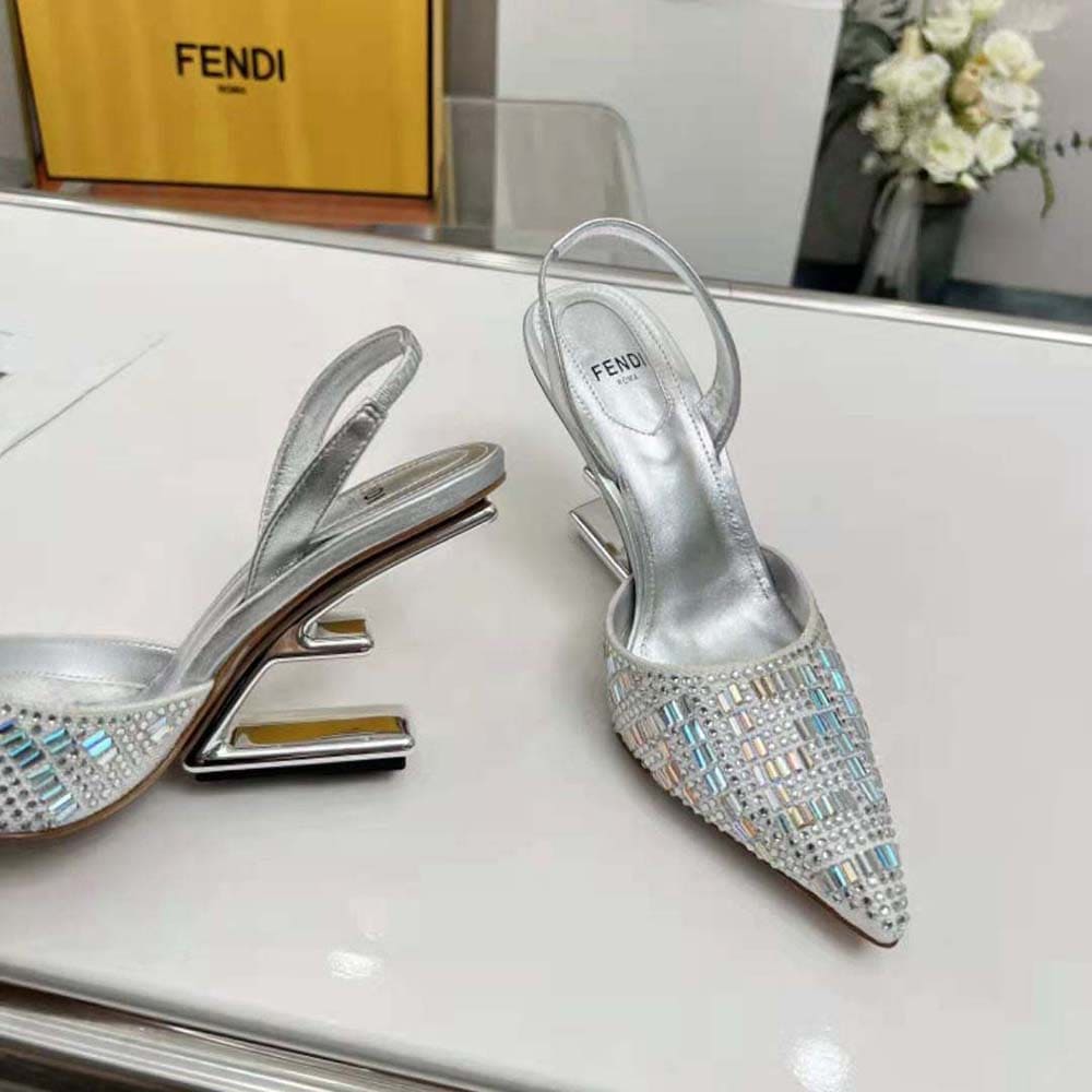 GIÀY Fendi First Silver-colored Rhinestone High-heeled Slingbacks
