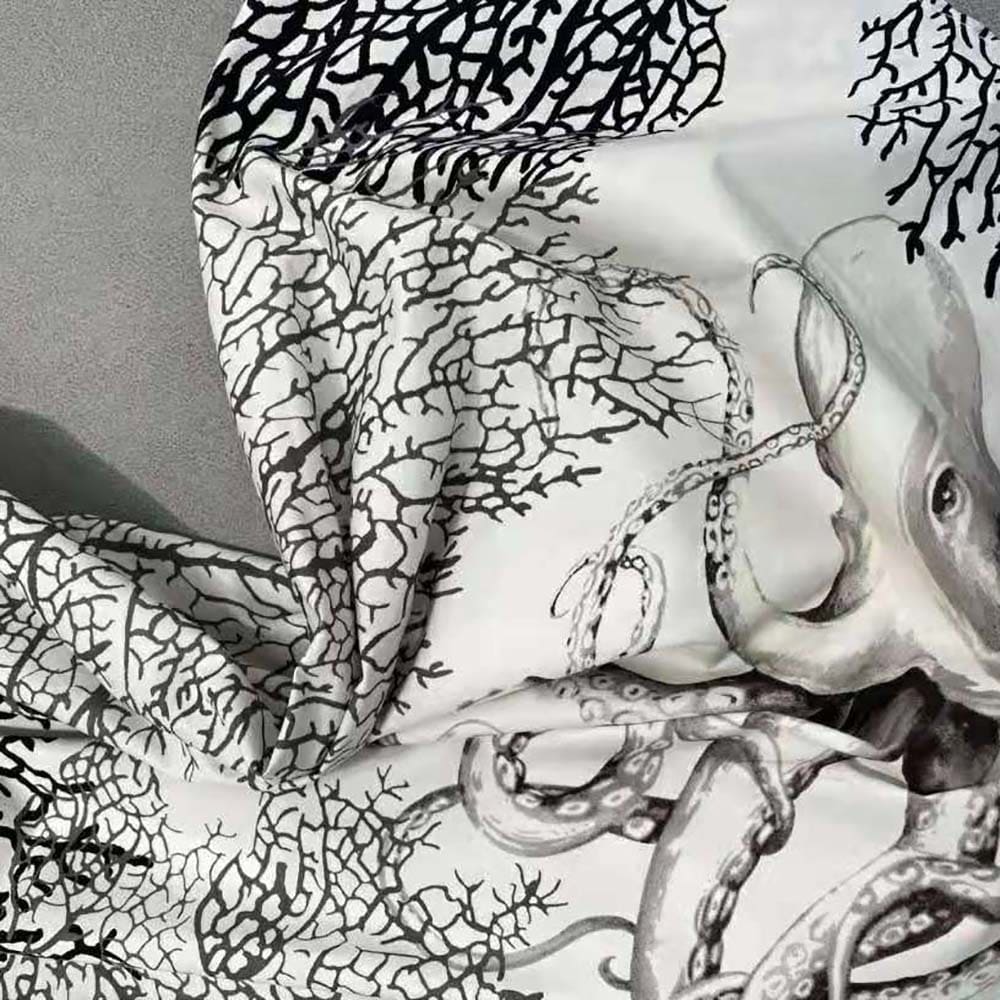 Váy Dior Women Mid-Length Dress White and Black Under The Sea Cotton Poplin