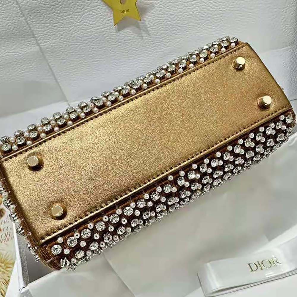 TÚI Dior Women Mini Lady Dior Bag Square-Pattern Embroidery Set with Strass and White Round Beads