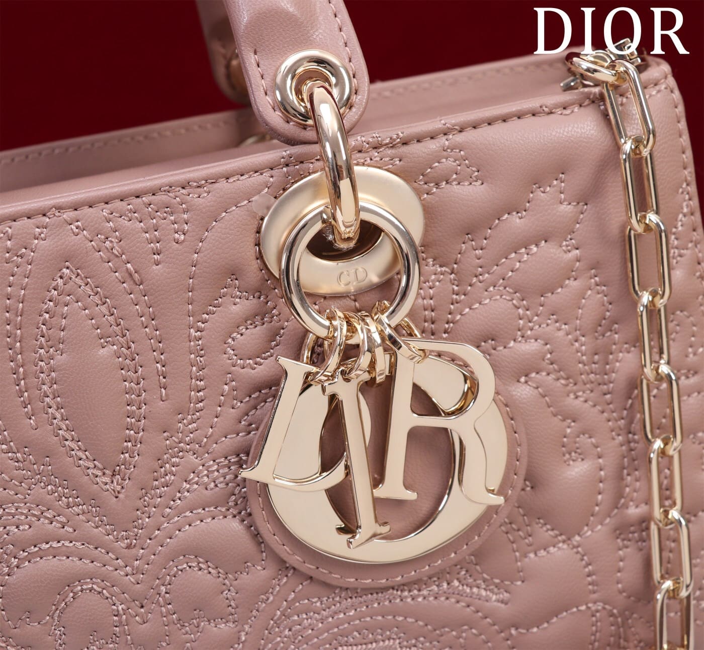 TÚI CHRISTIAN DIOR LADY D-JOY PINK Quilted-Effect Lambskin with Ornamental Motif