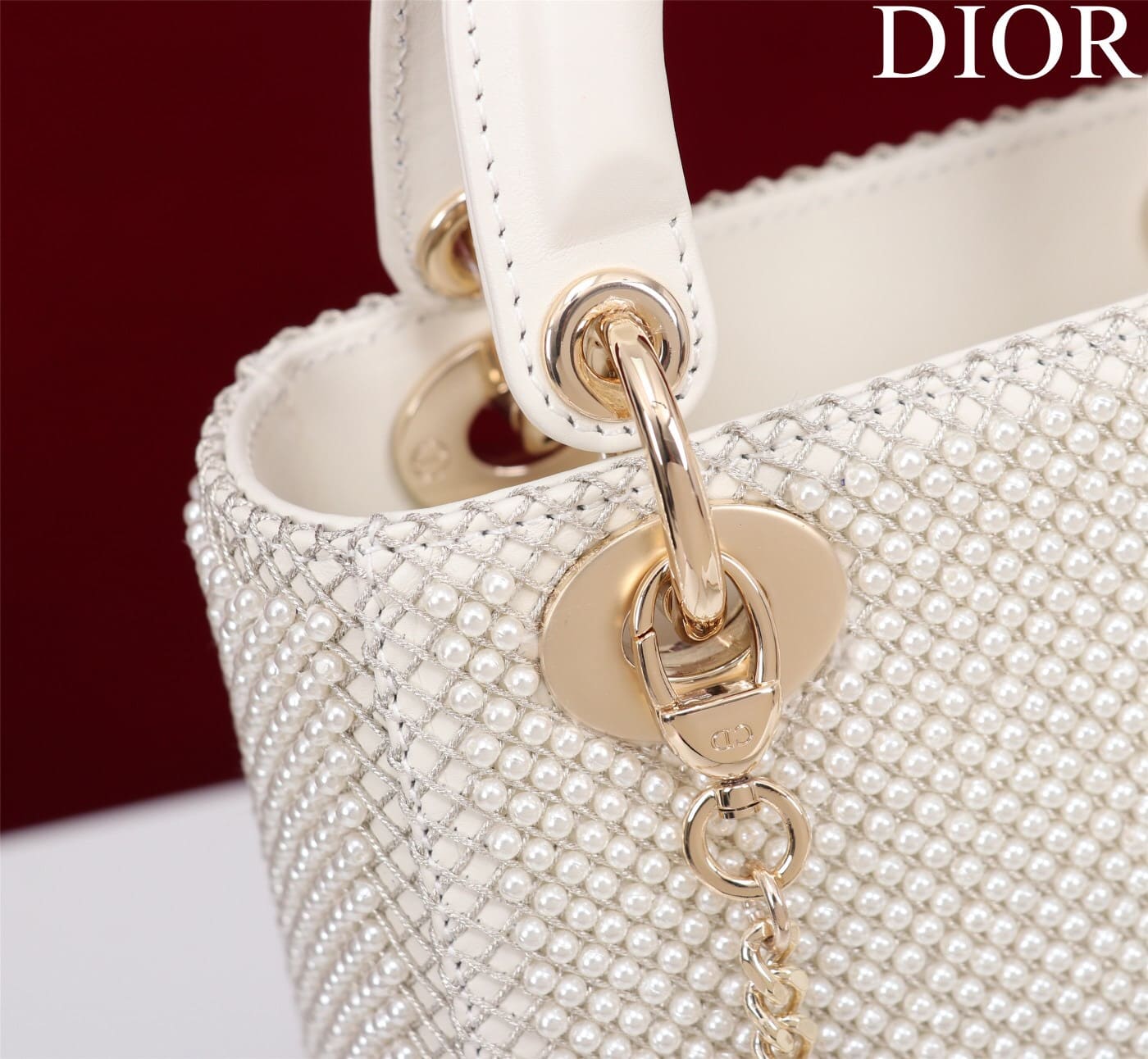 TÚI CHRISTIAN DIOR LADY DIOR Cannage Calfskin with Platinum Beaded Pearl Embroidery White