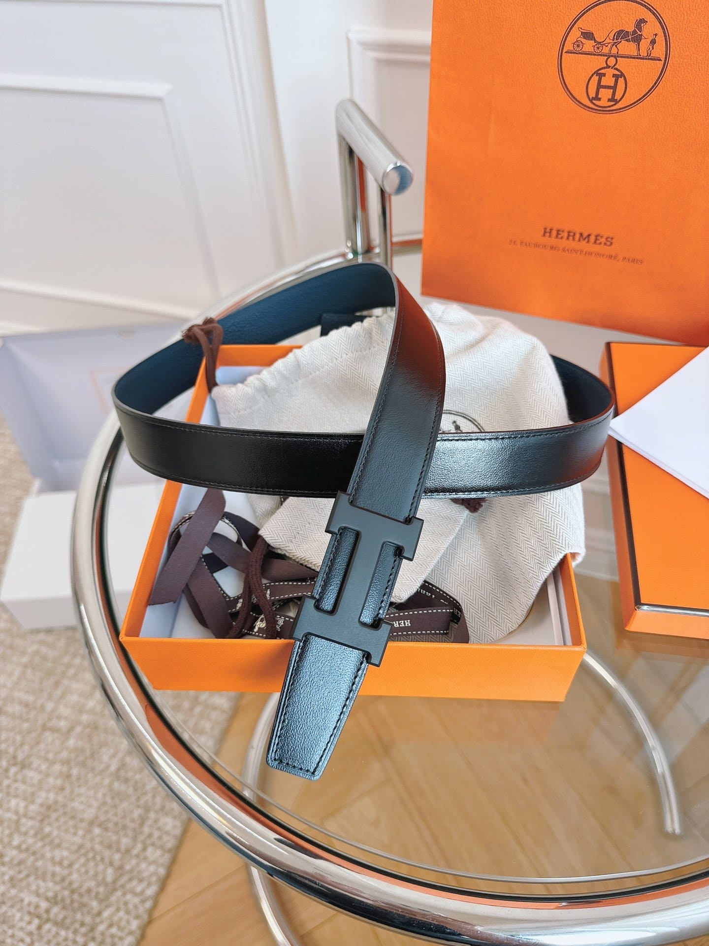 DÂY LƯNG HERMES H BLACK BLUE Togo leather hai mặt khóa đen