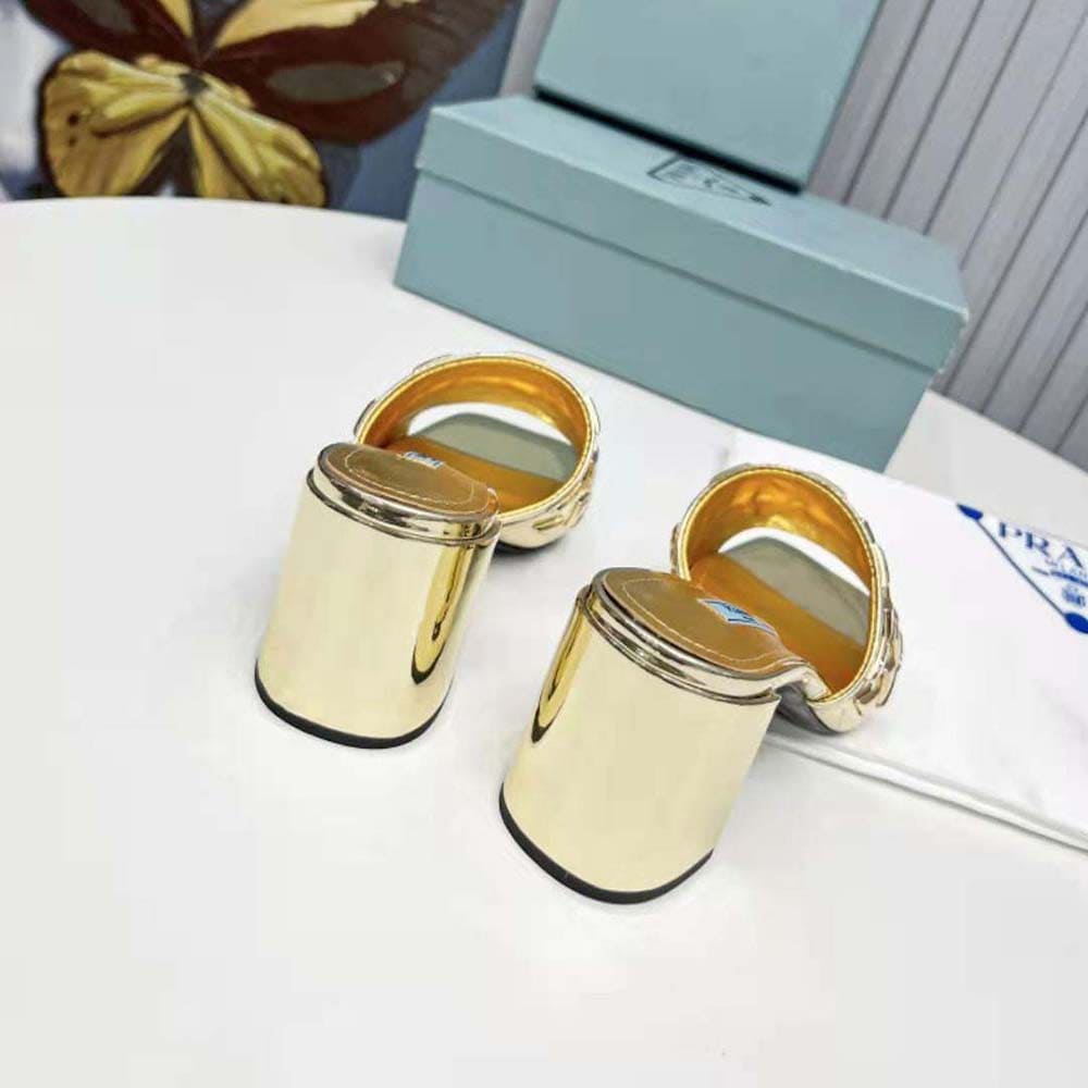 GUỐC Prada Women Studded Metallic Leather Mules-Gold