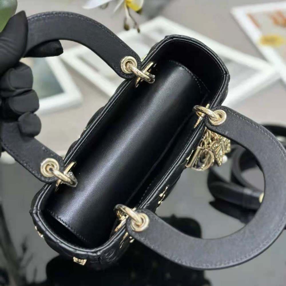 TÚI Dior Women Small Lady Dior Bag Black Cannage Lambskin with Gold-Finish Butterfly Studs