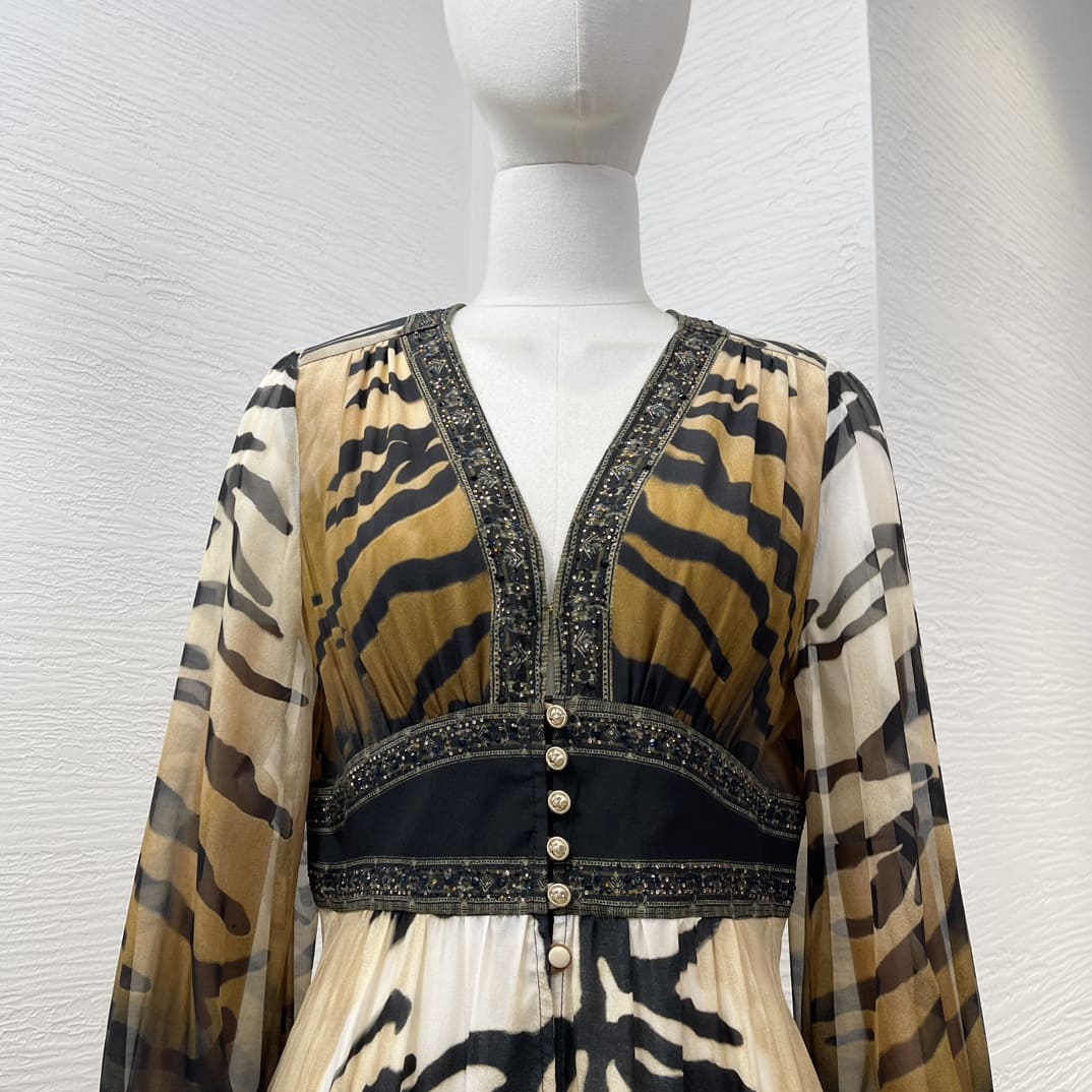 VÁY CAMILLA Worldcloset Tiger Skin Print Long Sleeve Big Size Midi Dress High Classy