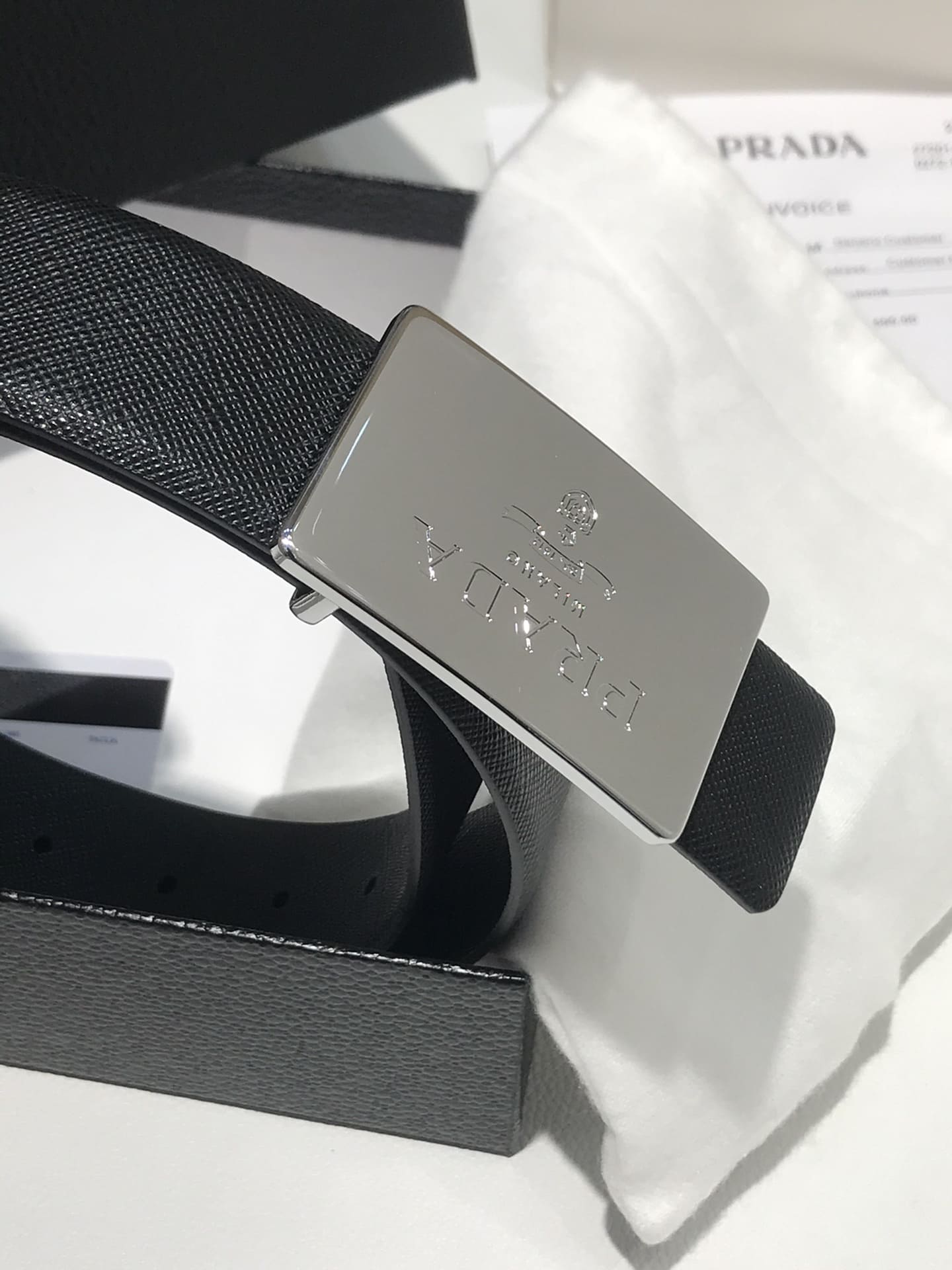 DÂY LƯNG PRADA BLACK SAFFIANO LEATHER Khóa bạc