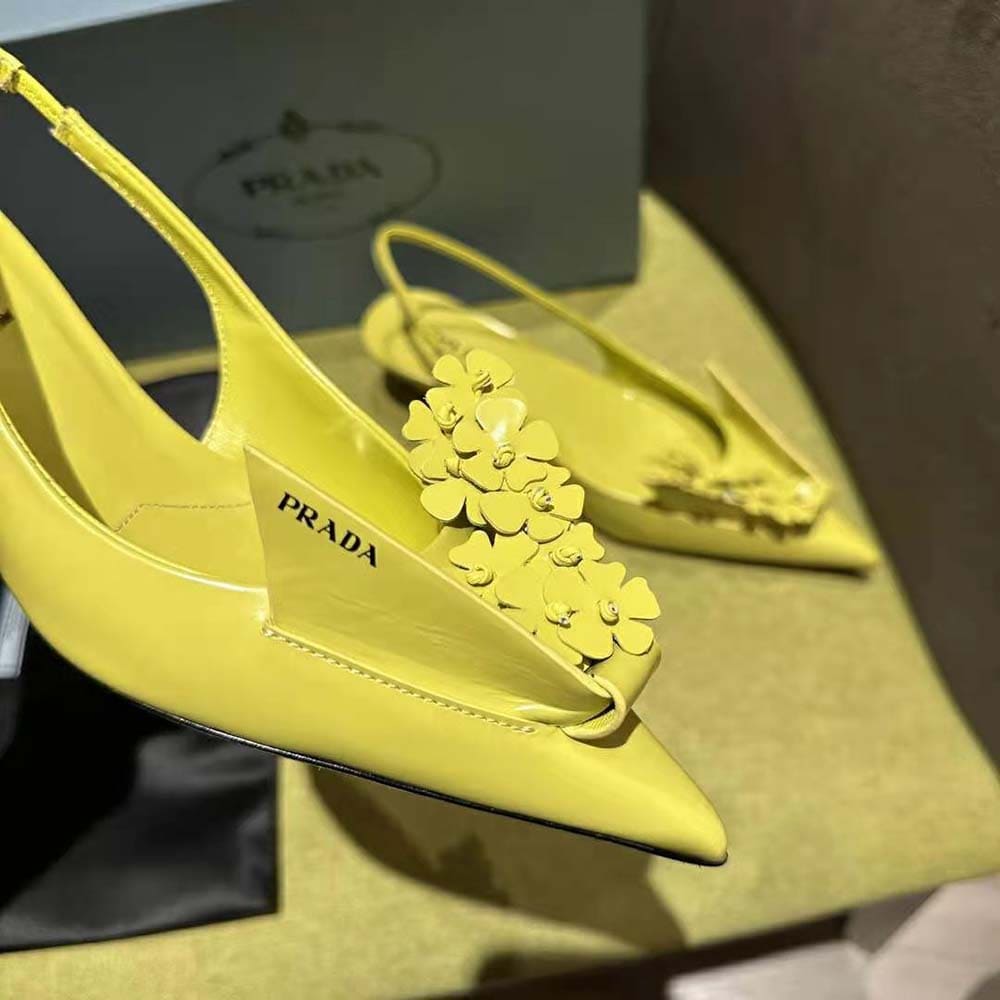 GIÀY Prada Women Brushed Leather Slingback Pumps with Floral Appliques-Yellow