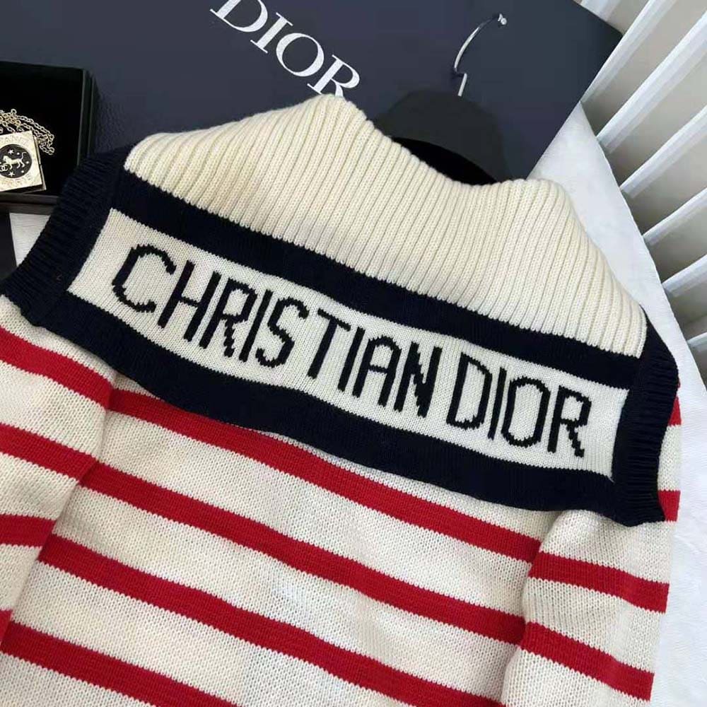 ÁO Dior Women Mariniere Cardigan Red and Ecru D-Stripes Ribbed Wool and Cashmere Knit