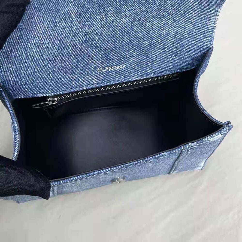 TÚI Balenciaga Women Hourglass Small Handbag Denim Printed in Indigo-Blue