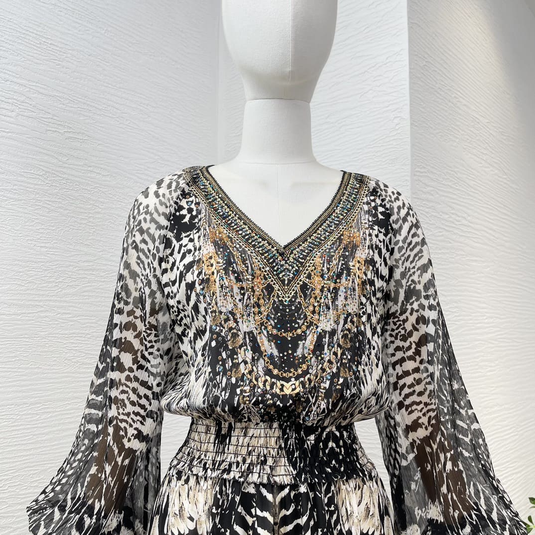 VÁY CAMILLA WorldCloset Animal Leopard Print Long Sleeve Diamonds Midi Dress High Classy