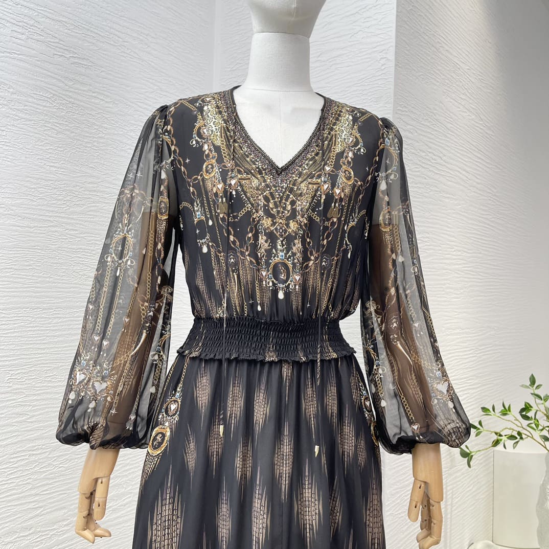 VÁY CAMILLA Vintage Black Leopard Print Midi Dress High Classy