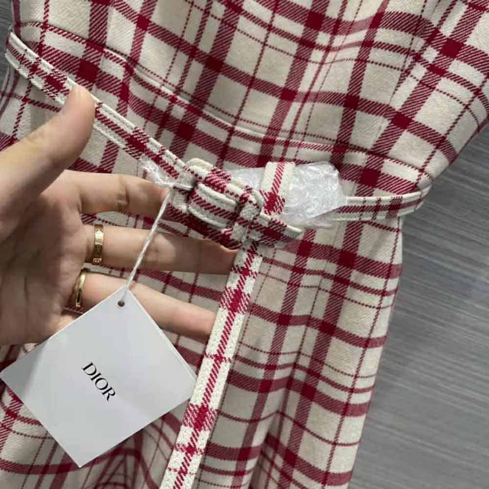 Váy Dior Women Short Dress Raspberry and White Check n Dior Pop Wool Twill