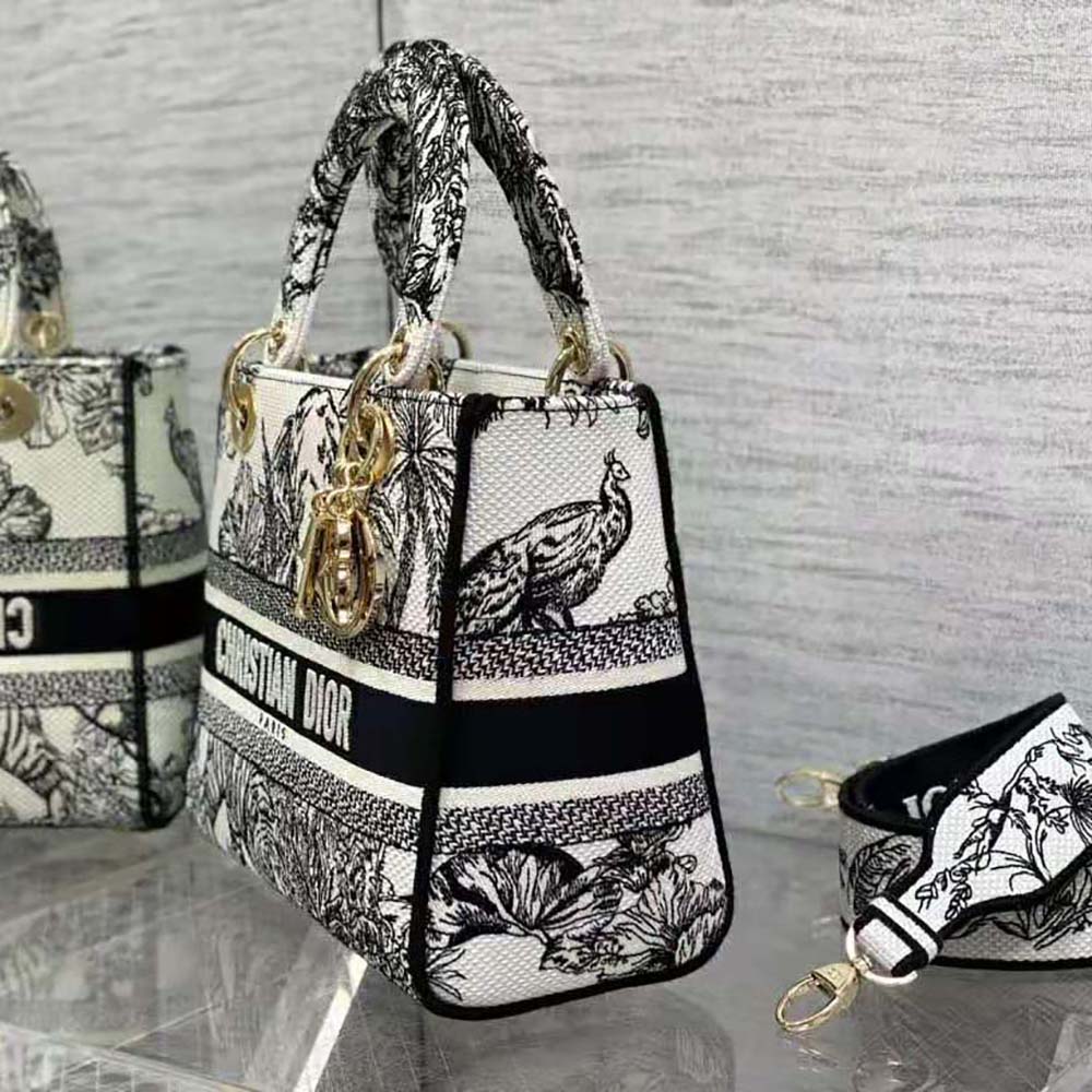 TÚI Dior Women Medium Lady D-lite Bag White and Black Toile de Jouy Voyage Embroidery