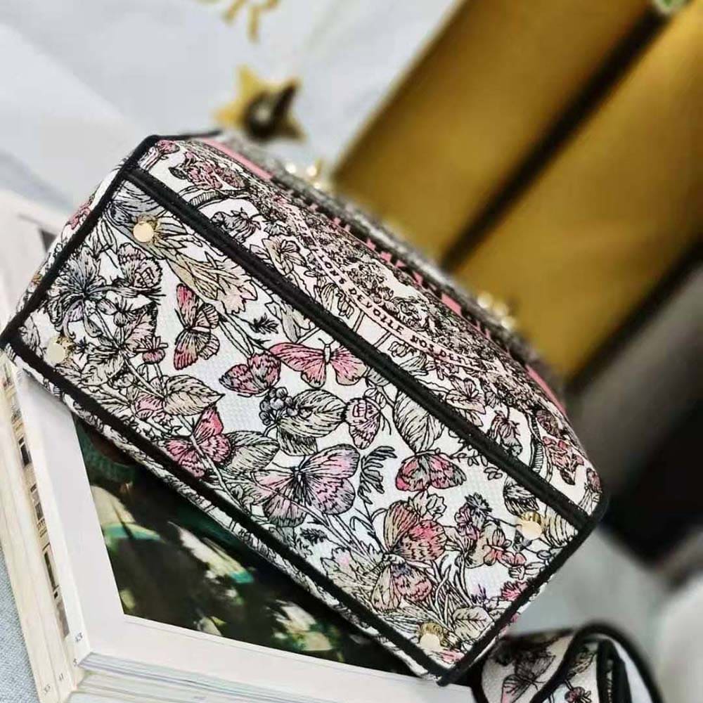 TÚI Dior Women Medium Lady D-lite Bag White and Pastel Pink Butterfly Around The World Embroidery
