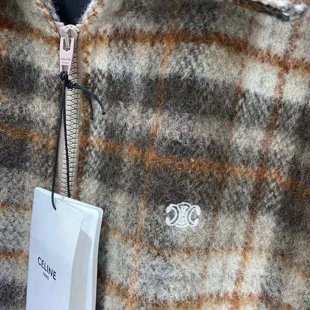 ÁO Celine Women Loose Teddy Jacket in Brushed Checked Tweed
